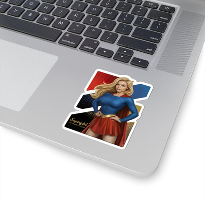 Supergirl Sticker – Superhero Vinyl Sticker for Laptops & Indoor Decor showing vibrant glossy Supergirl vinyl decal on a laptop, durable adhesive and sharp detail