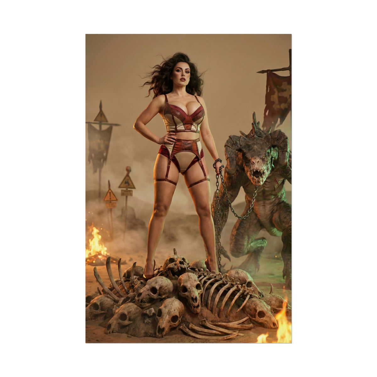 Fallout Queen Woman Poster / Fallout Queen Wall Art / Fallout Queen Art Print / Fallout Poster - powerful woman ruler amid postapocalyptic bones and armored mutant beast