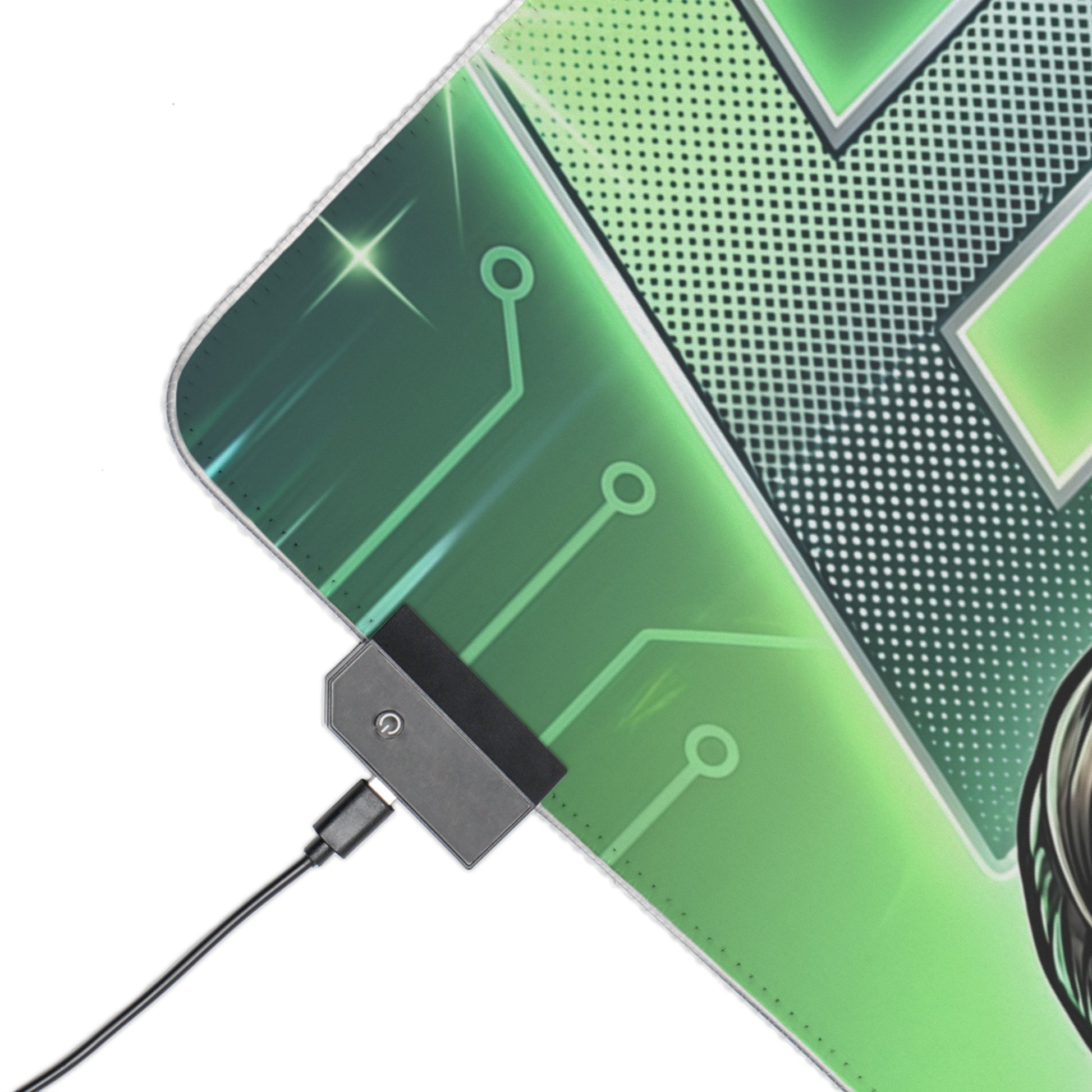 EVE RGB Desk Mat, Stellar Blade Gaming Mouse Pad, LED Desk Mat for Futuristic Setup corner showing green circuit artwork, USB LED controller and stitched edge