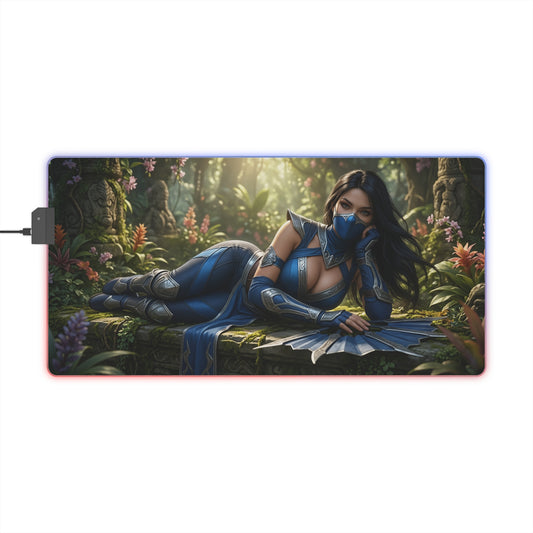 Kitana Desk Mat – LED RGB Pad, Waifu Fighter Anime Girl Setup showing reclining waifu fighter in blue armor on RGB gaming mousepad