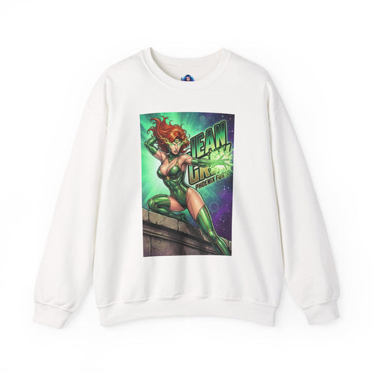 Jean Grey Sweatshirt, Marvel Crewneck, Phoenix Force Superhero Apparel showing white crewneck with comic-style Jean Grey artwork and glowing green psychic energy