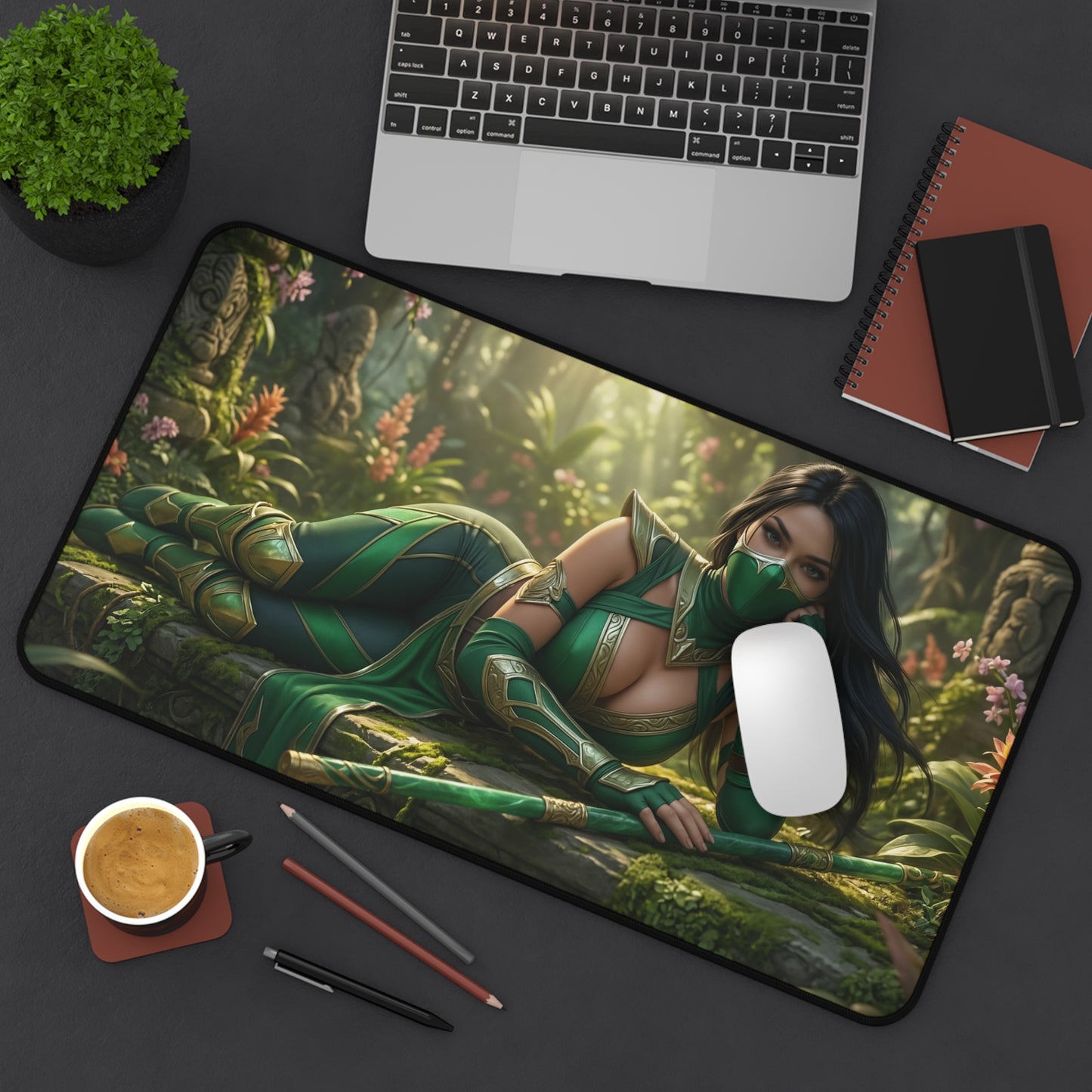 Jade Gaming Mouse Pad, Mortal Kombat Desk Mat, Green Ninja Fighter Setup - premium emerald ninja artwork desk mat for gamers