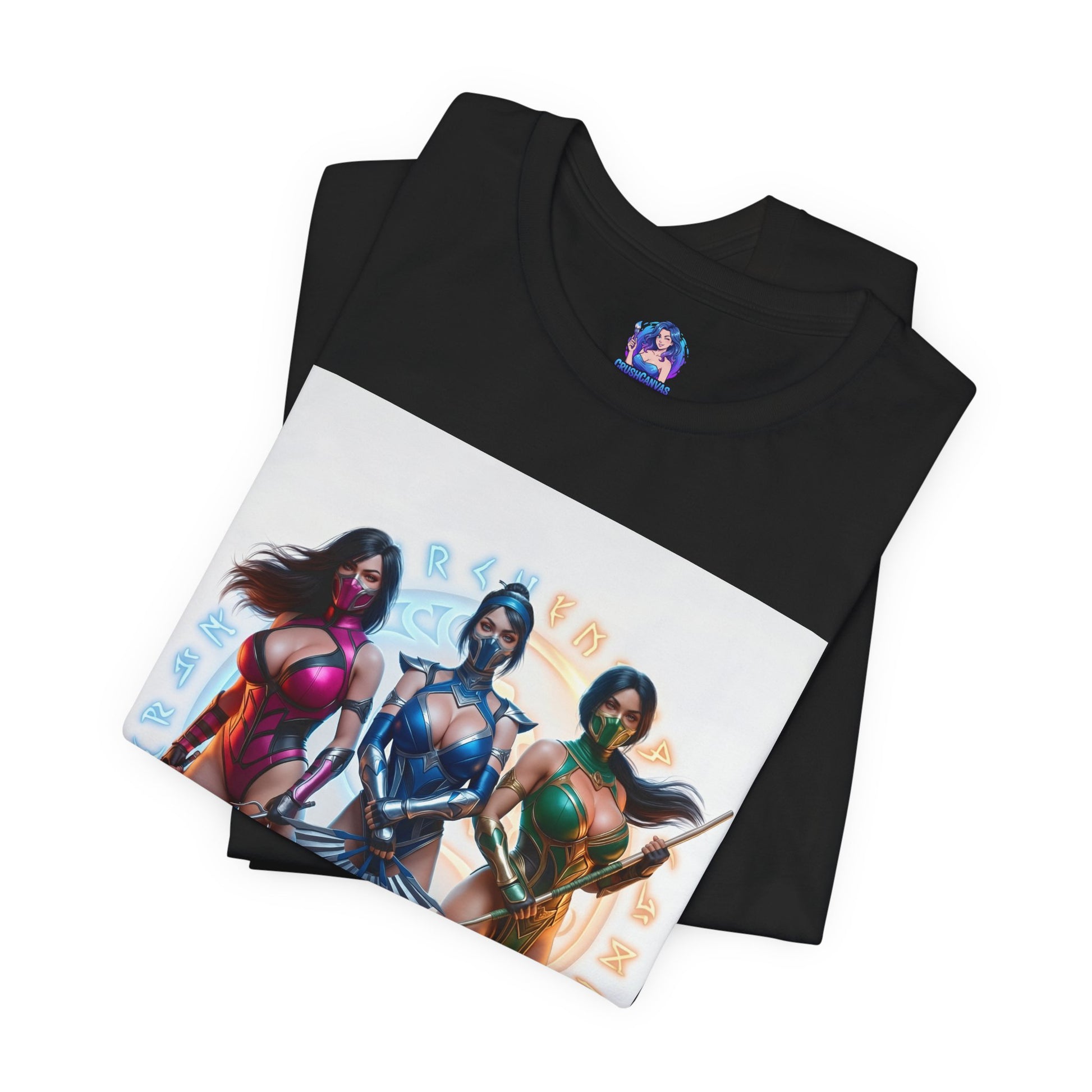 Kitana Jade and Mileena T-Shirt | Mortal Kombat Anime Tee for Gamers & Fans — black tee with anime-style trio illustration of Kitana, Jade and Mileena