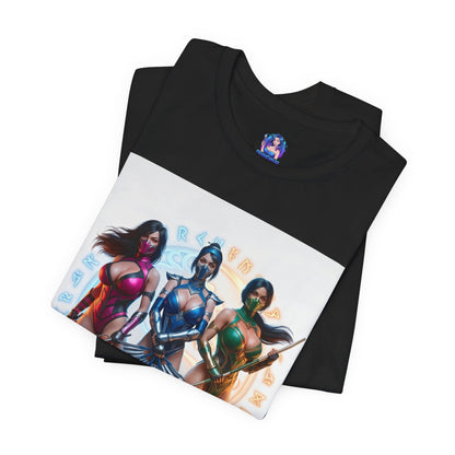 Kitana Jade and Mileena T-Shirt | Mortal Kombat Anime Tee for Gamers & Fans — black tee with anime-style trio illustration of Kitana, Jade and Mileena