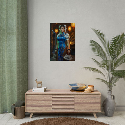 Chun-Li Poster – Iconic Fighting Game Heroine Wall Art for Gamer Decor, vivid semi-gloss print hanging in modern gaming room