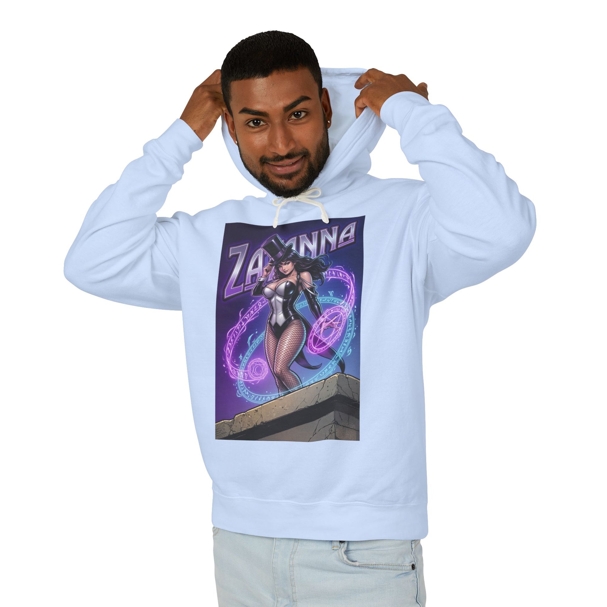 Zatanna Hoodie | DC Magic Hero Hoodie | Master Illusionist Pullover - light blue hoodie with Zatanna stage magician graphic