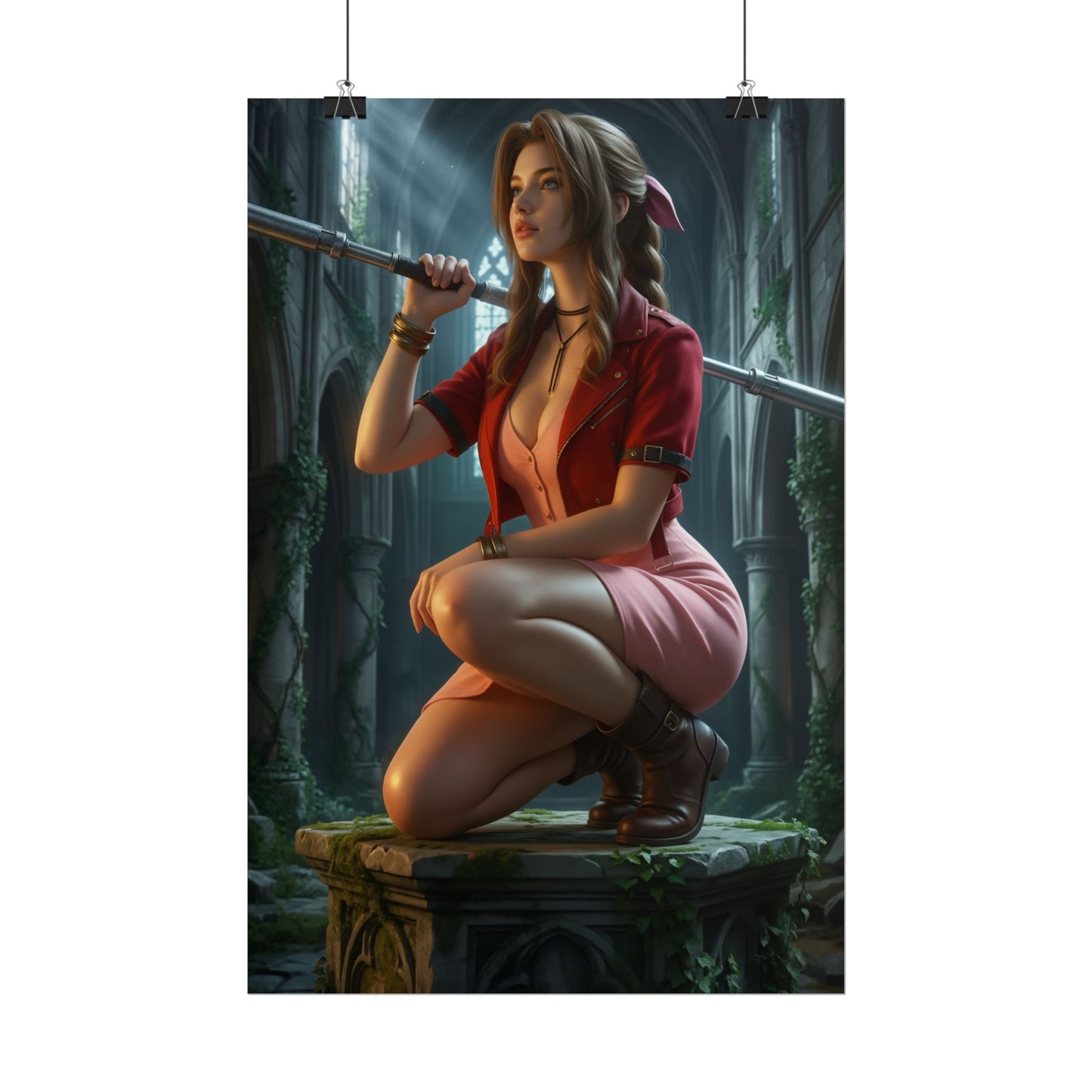 Alt Tag: Aerith Gainsborough Poster, Final Fantasy VII Art Print, Iconic RPG Hero kneeling in ruined cathedral holding staff, gaming room wall art