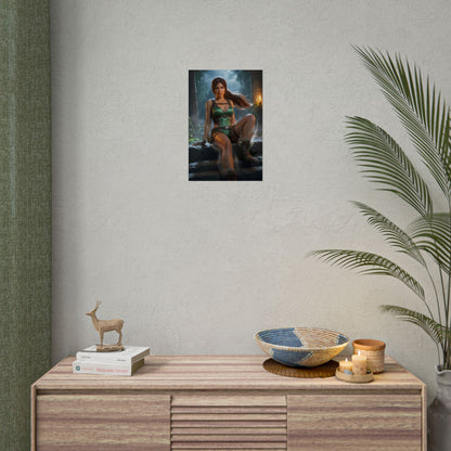 Lara Croft Poster / Lara Croft Wall Art / Lara Croft Art Print / Tomb Raider Poster - cinematic Lara Croft resting among ancient ruins, misty atmospheric wall art