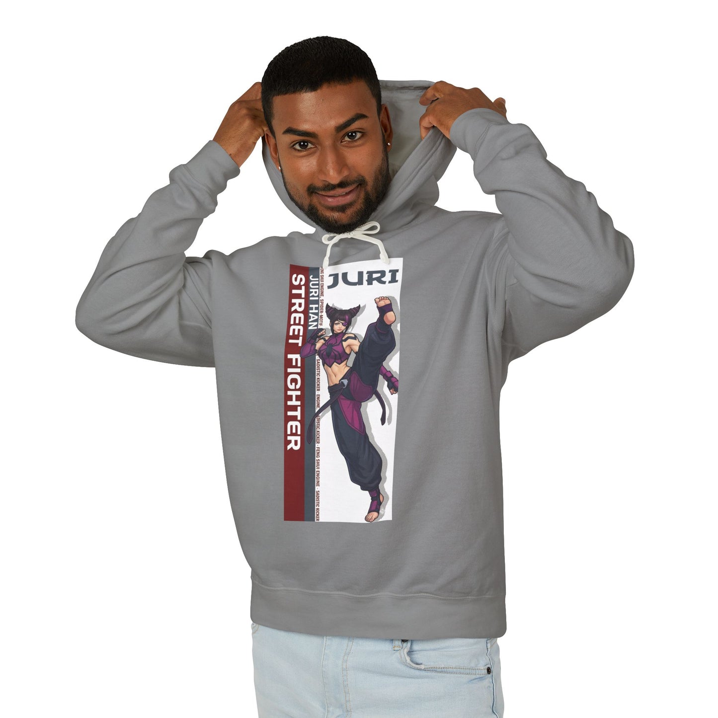 Juri Hoodie | Street Fighter Hoodie | Anime Fighter Girl Pullover - gray pullover with bold Juri anime artwork modeled by smiling man