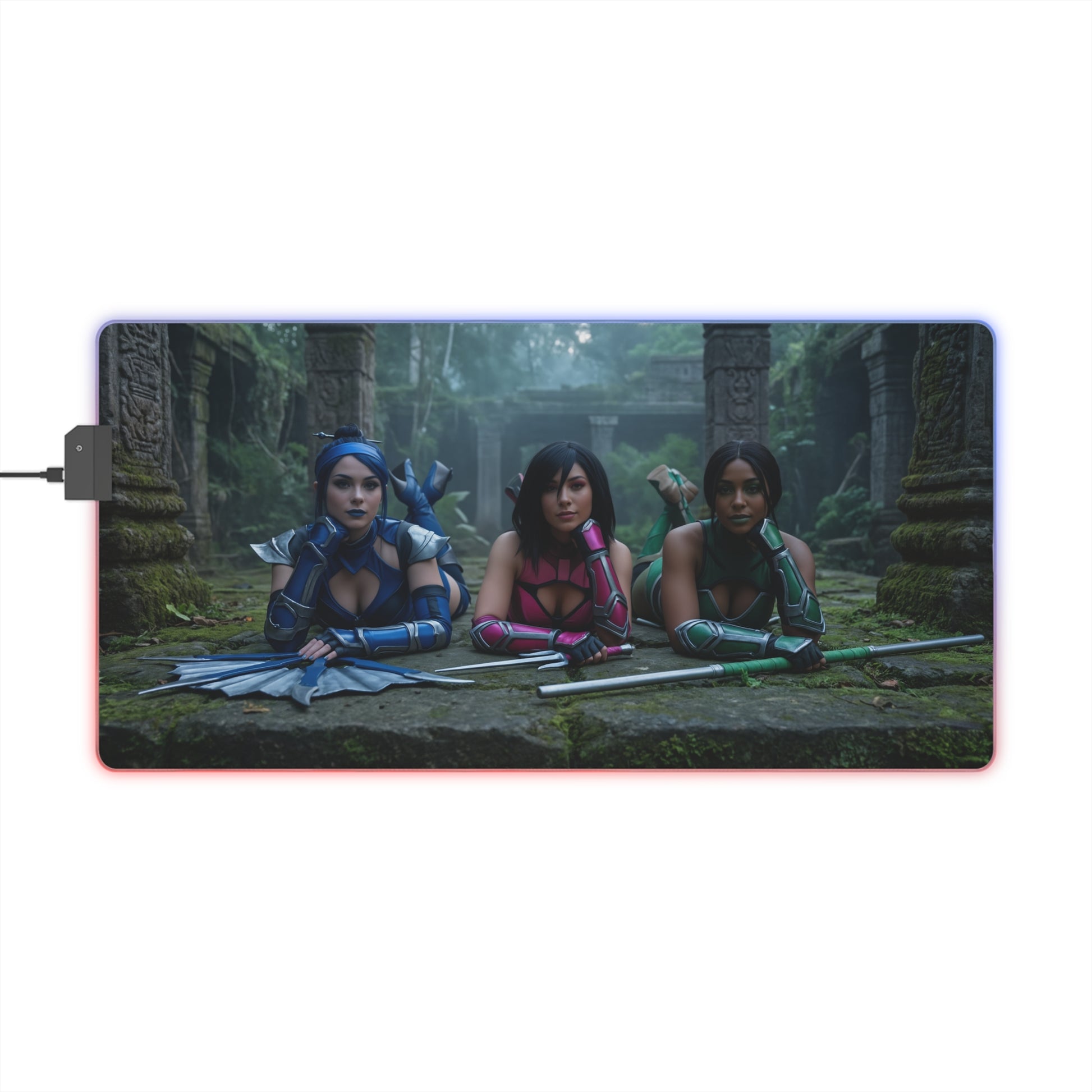 Kitana, Jade, Mileena Desk Mat – LED RGB Pad featuring three Edenian warriors lounging on mossy temple ruins with RGB lighting