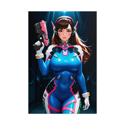 D.Va Poster, Anime Gamer Girl Art Print, Futuristic Waifu Wall Decor - cinematic high-res art of D.Va in glowing pilot suit holding pink blaster