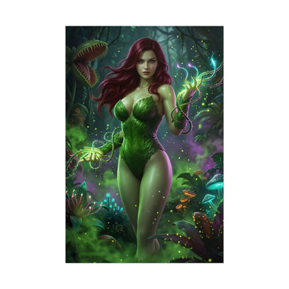 Poison Ivy Poster, DC Art Print – Iconic Comic Villain Heroine Wall Art vibrant Poison Ivy portrait in forest with glowing plants and carnivorous vines