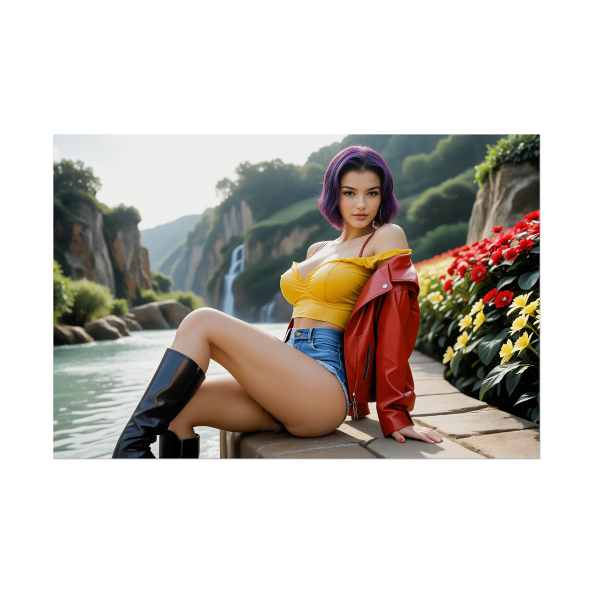 Anime Waifu Poster | Faye Valentine Print for Retro Sci-Fi Room Decor - Faye in yellow top, red jacket by waterfall seating pose