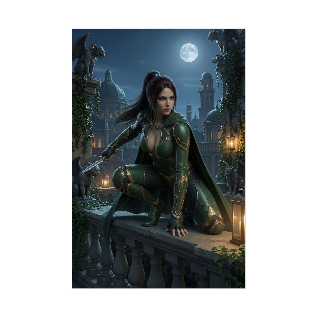 Talia al Ghul Poster, DC Comics Art Print  Assassin Wall Art showing Talia in green assassin costume on moonlit balcony, perfect for gamer room decor