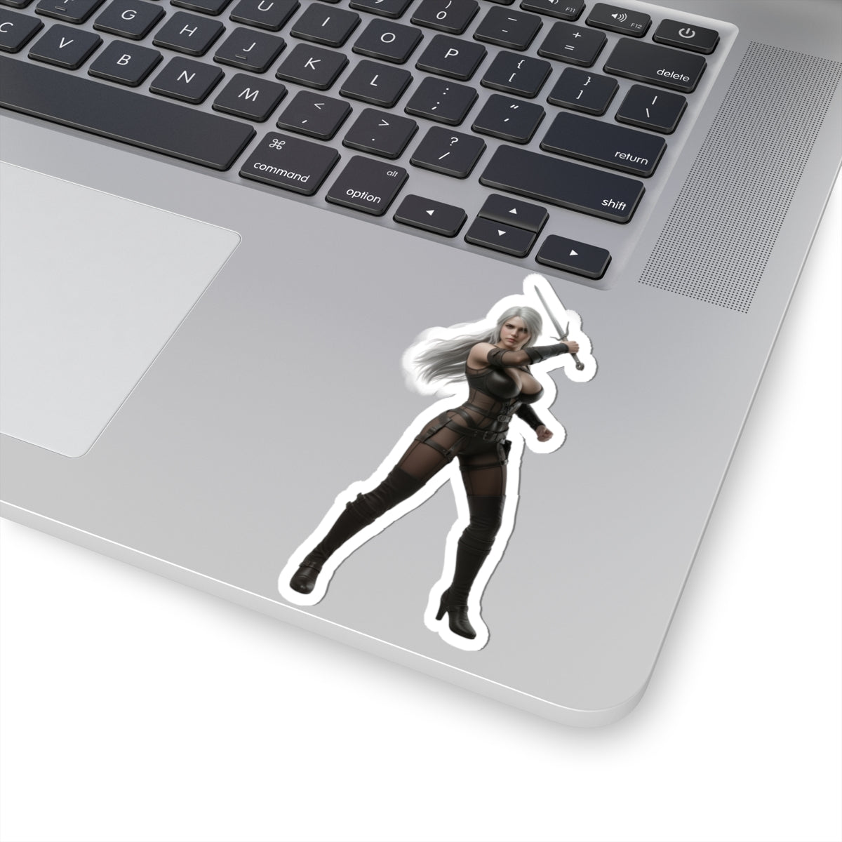 Ciri Sticker – Fantasy Game Vinyl Sticker for Laptops & Indoor Decor on silver laptop showing glossy, durable vinyl, vibrant detail and bubble-free application