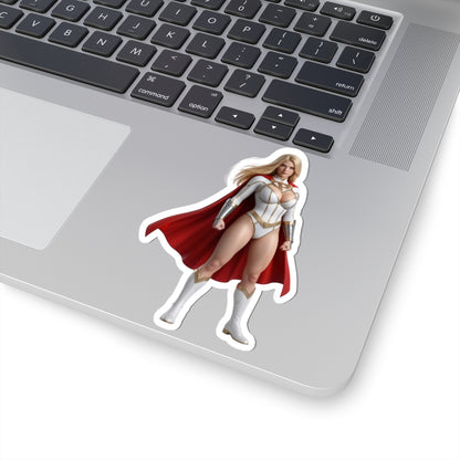 Power Girl Sticker – Comic Heroine Vinyl Sticker for Laptops & Indoor Decor showing a glossy, vibrant vinyl sticker on a laptop, bubble-free application