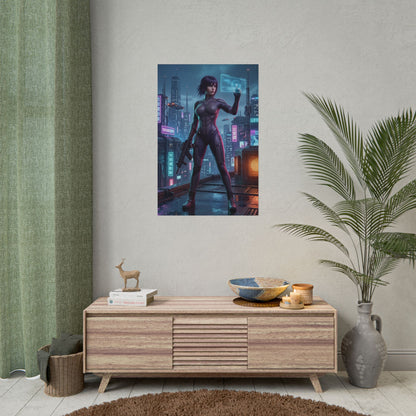 Motoko Kusanagi Poster, Ghost in the Shell Art Print – Sci-Fi Wall Art showcasing cyberpunk Motoko print in a modern gamer room