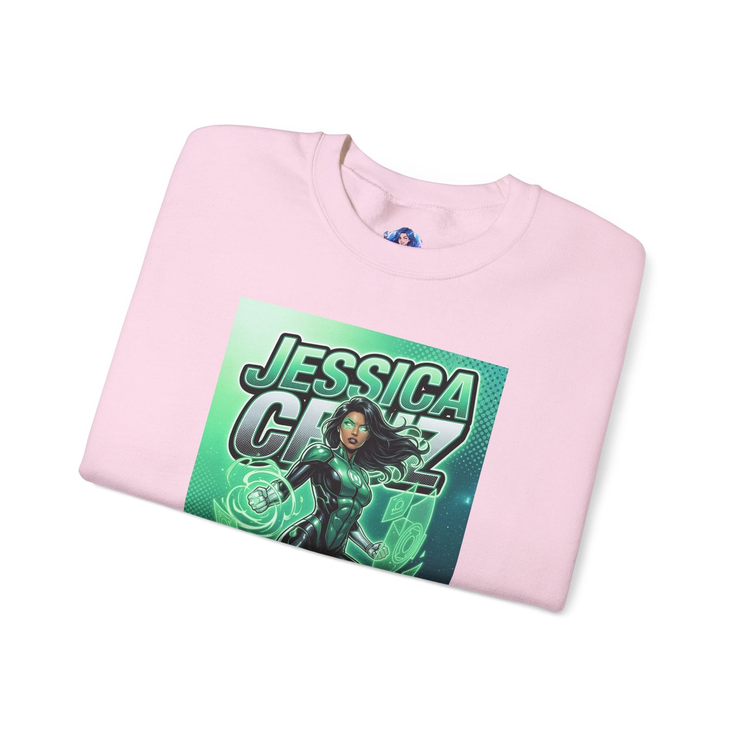 Jessica Cruz Sweatshirt, DC Comics Crewneck, Green Lantern Fan Apparel - pink crewneck with glowing Jessica Cruz green energy artwork