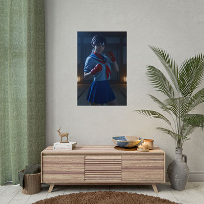 Sakura Kasugano Poster, Street Fighter Art Print – Iconic Fighting Heroine - vibrant high-res wall art of classic fighting game heroine