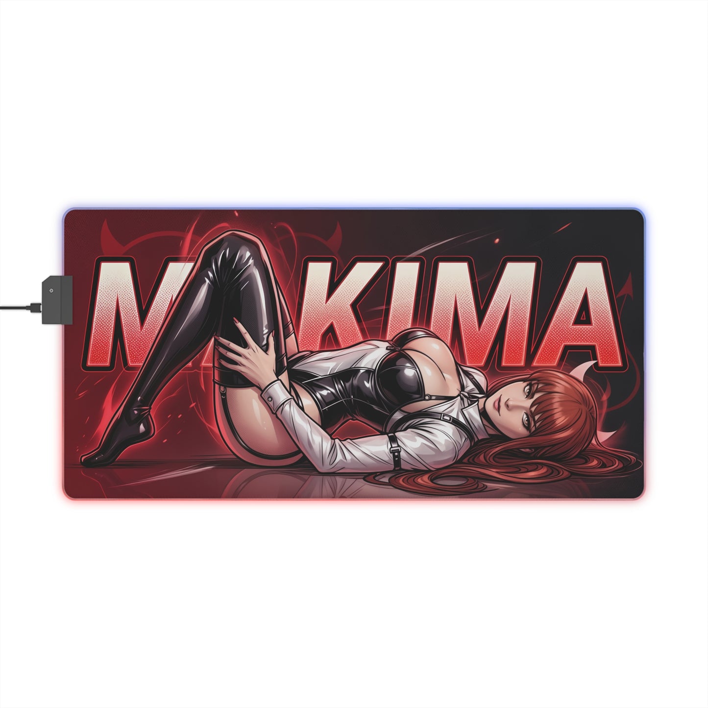 Makima RGB Desk Mat, Chainsaw Man Gaming Mouse Pad, LED Desk Mat for Anime Setup featuring reclining Makima artwork with red LED glow