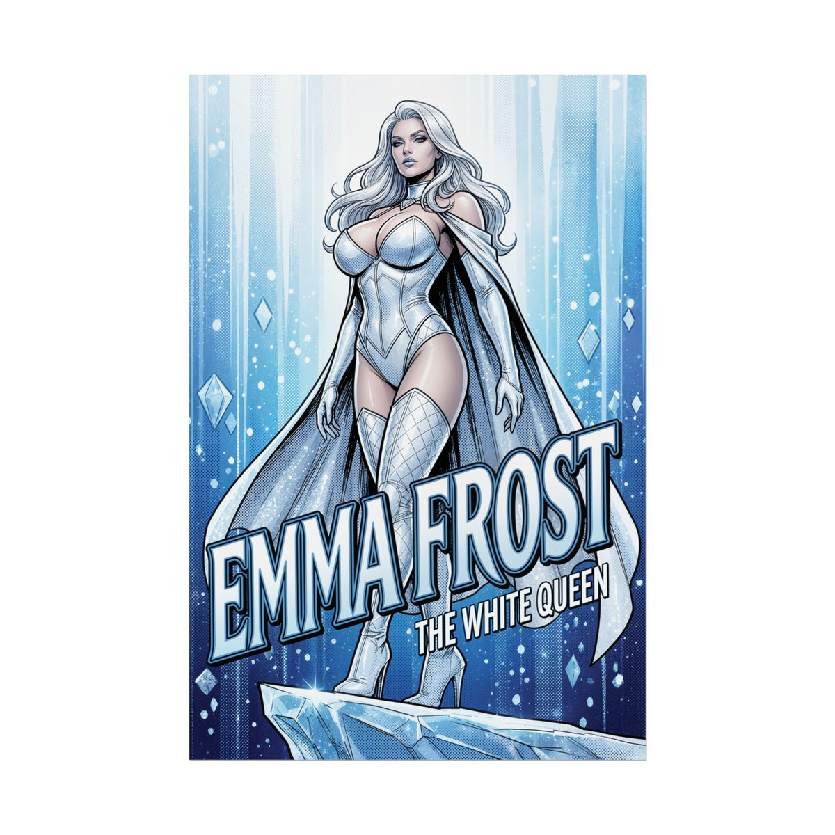 Emma Frost Poster / Emma Frost Wall Art / Emma Frost Art Print / X-Men Poster - elegant White Queen illustration in cool tones, bold comic styling