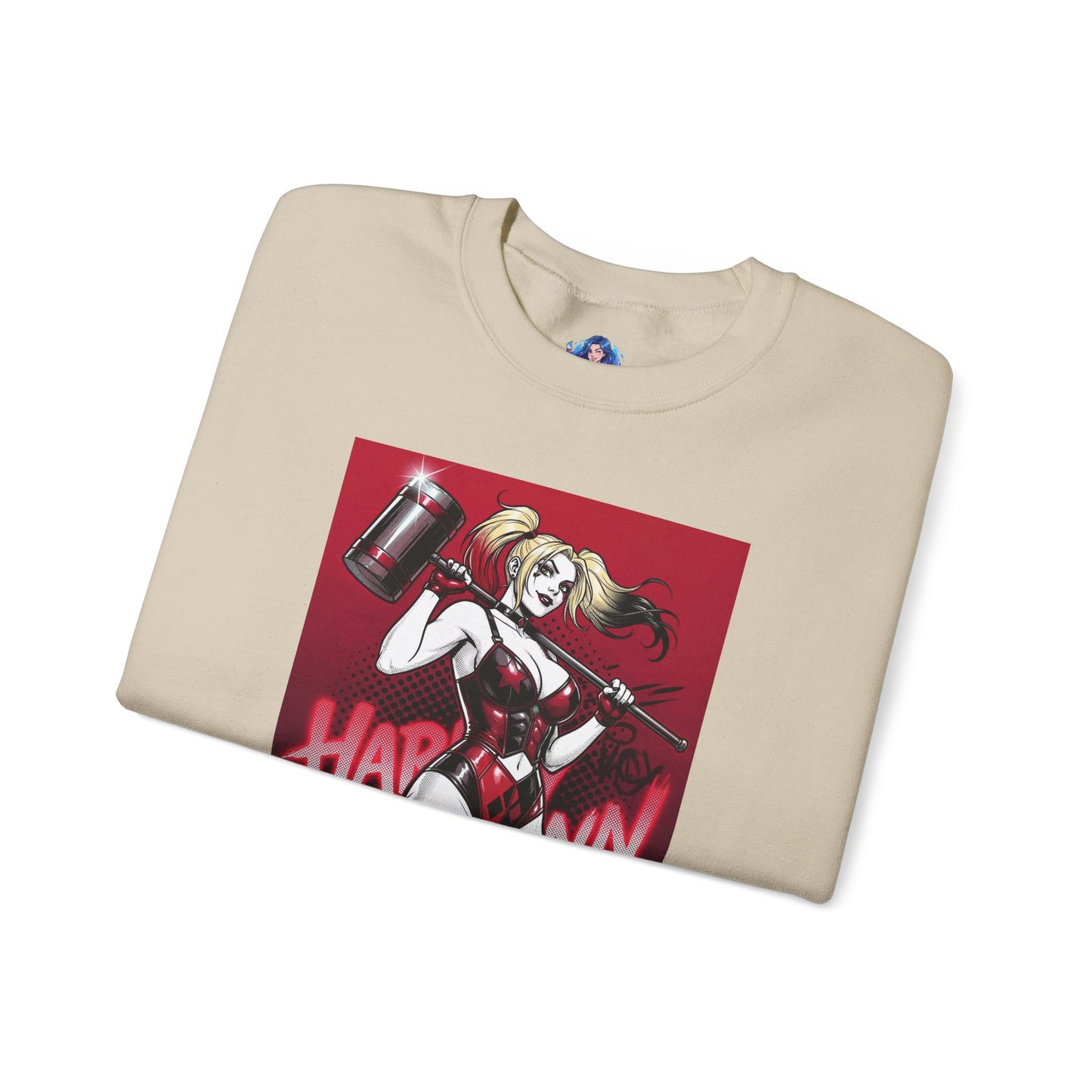 Harley Quinn Sweatshirt, DC Comics Pop Art Style, Premium Fan Apparel - beige crewneck with anime-inspired Harley holding oversized hammer