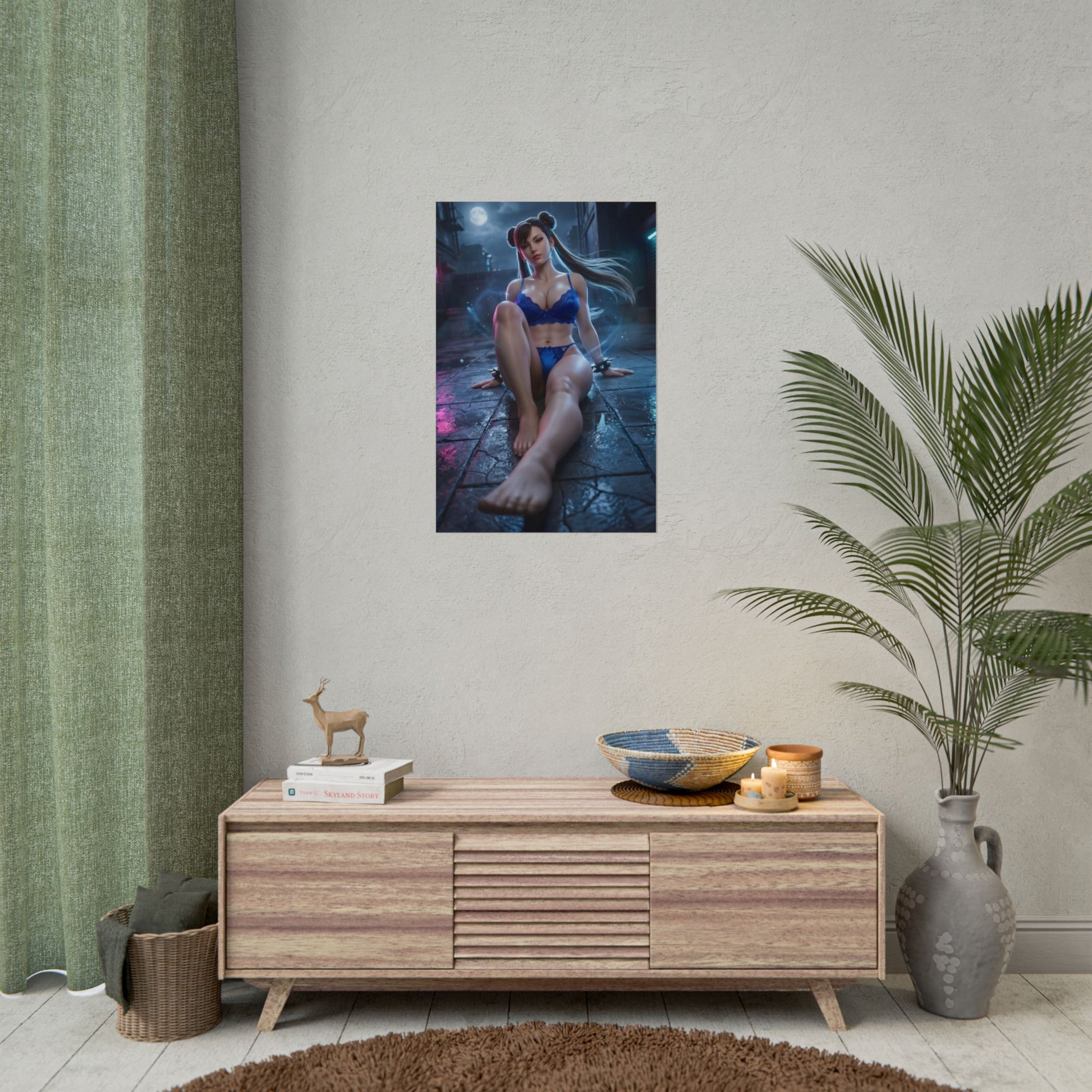 Chun-Li Poster / Chun-Li Wall Art / Chun-Li Art Print / Street Fighter Poster depicting Chun-Li seated in neon-lit city, strength and elegance in bold colors
