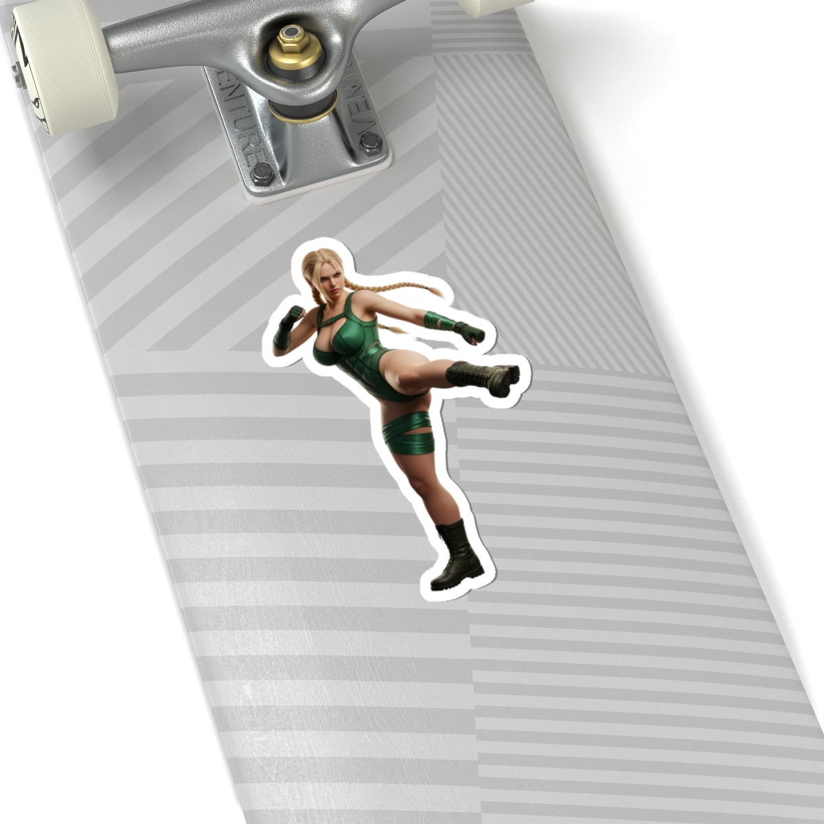 Cammy White Sticker – Street Fighter Vinyl Sticker for Laptops & Indoor Decor on skateboard deck showing glossy die-cut vinyl sticker of Cammy in green outfit performing a kick