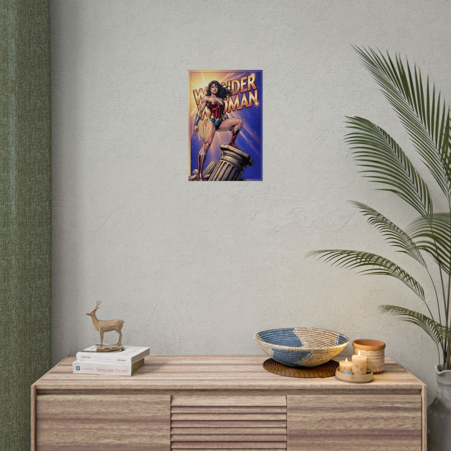 Wonder Woman Poster / Wonder Woman Wall Art / Wonder Woman Art Print / DC Comics Poster showing Wonder Woman standing on a column in bold colors