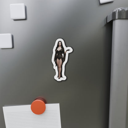 Morticia Addams Magnet – Gothic Icon Fridge Magnet, Anime Style Decor showing die-cut vinyl anime-style Morticia on a gray fridge