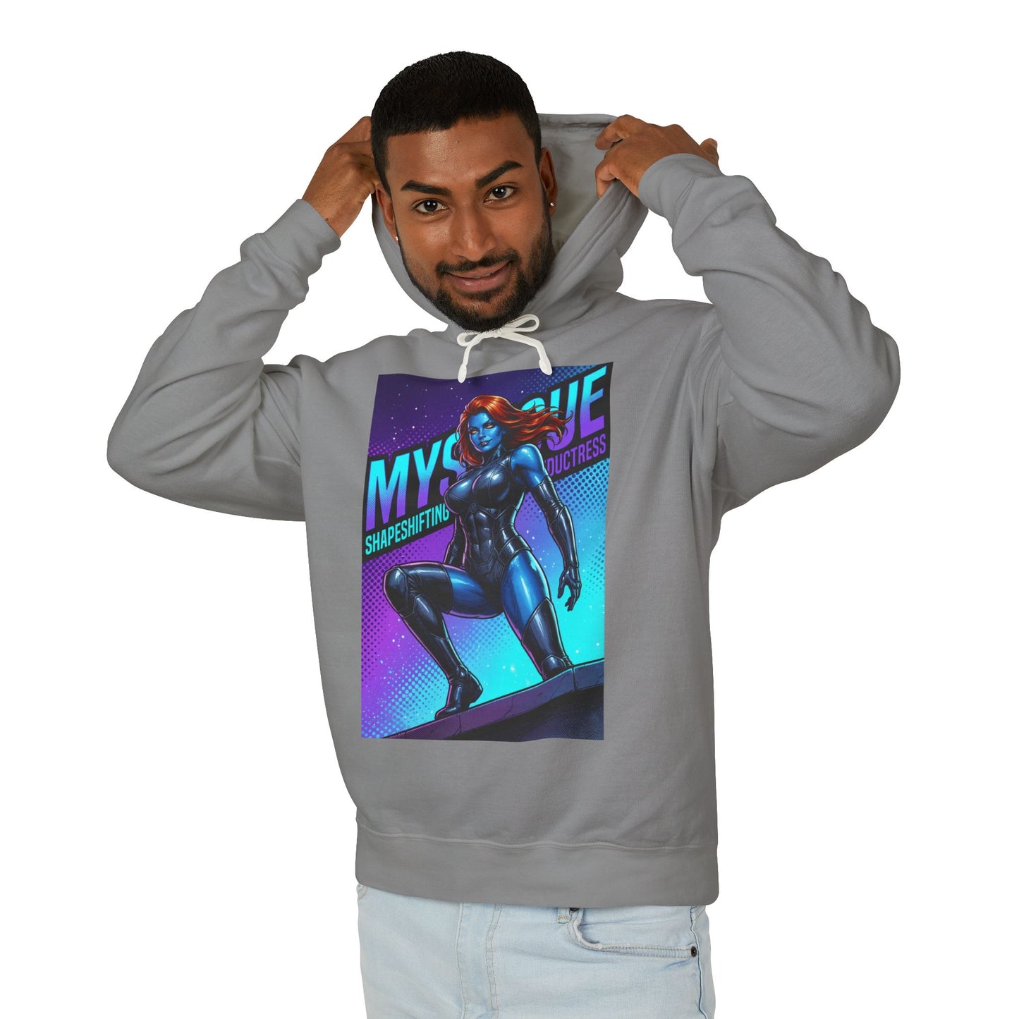 Mystique Hoodie | X-Men Hoodie | Comic Book Villain Pullover - gray streetwear hoodie with bold blue Mystique graphic and hood