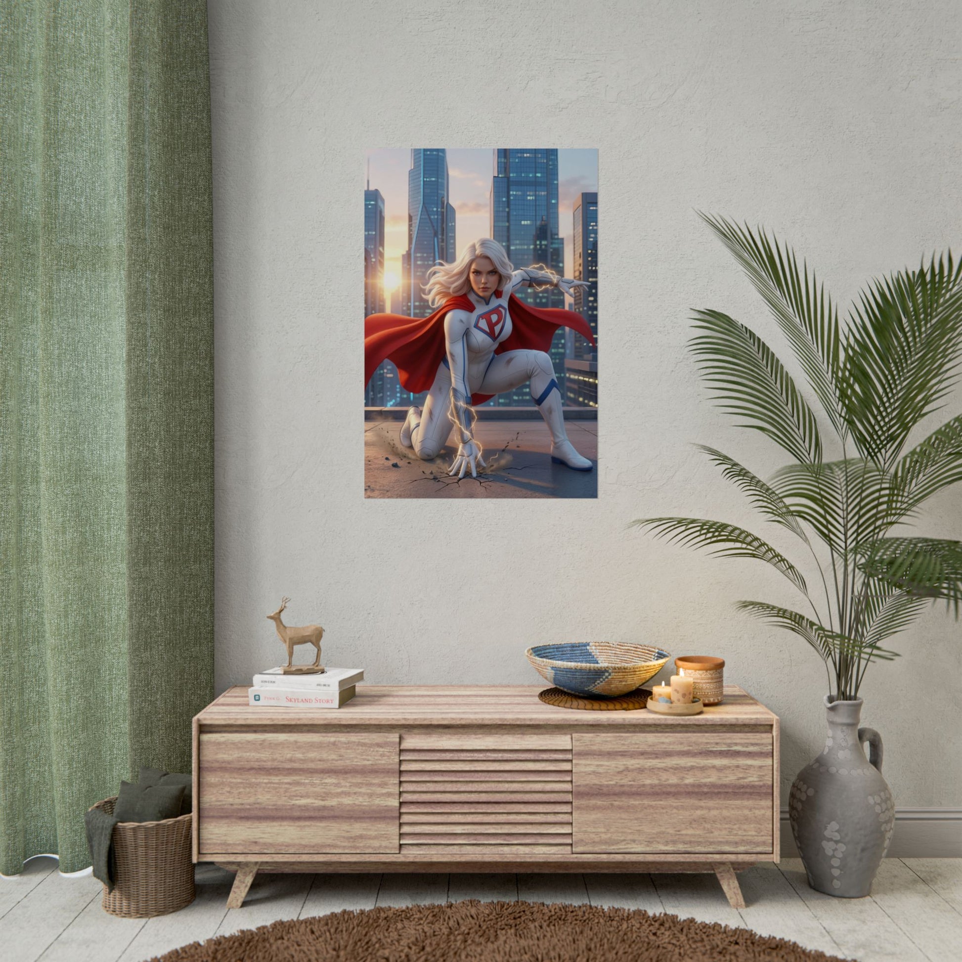 Power Girl Poster, DC Comics Art Print – Superhero Wall Art hung above modern entertainment console in gamer room decor