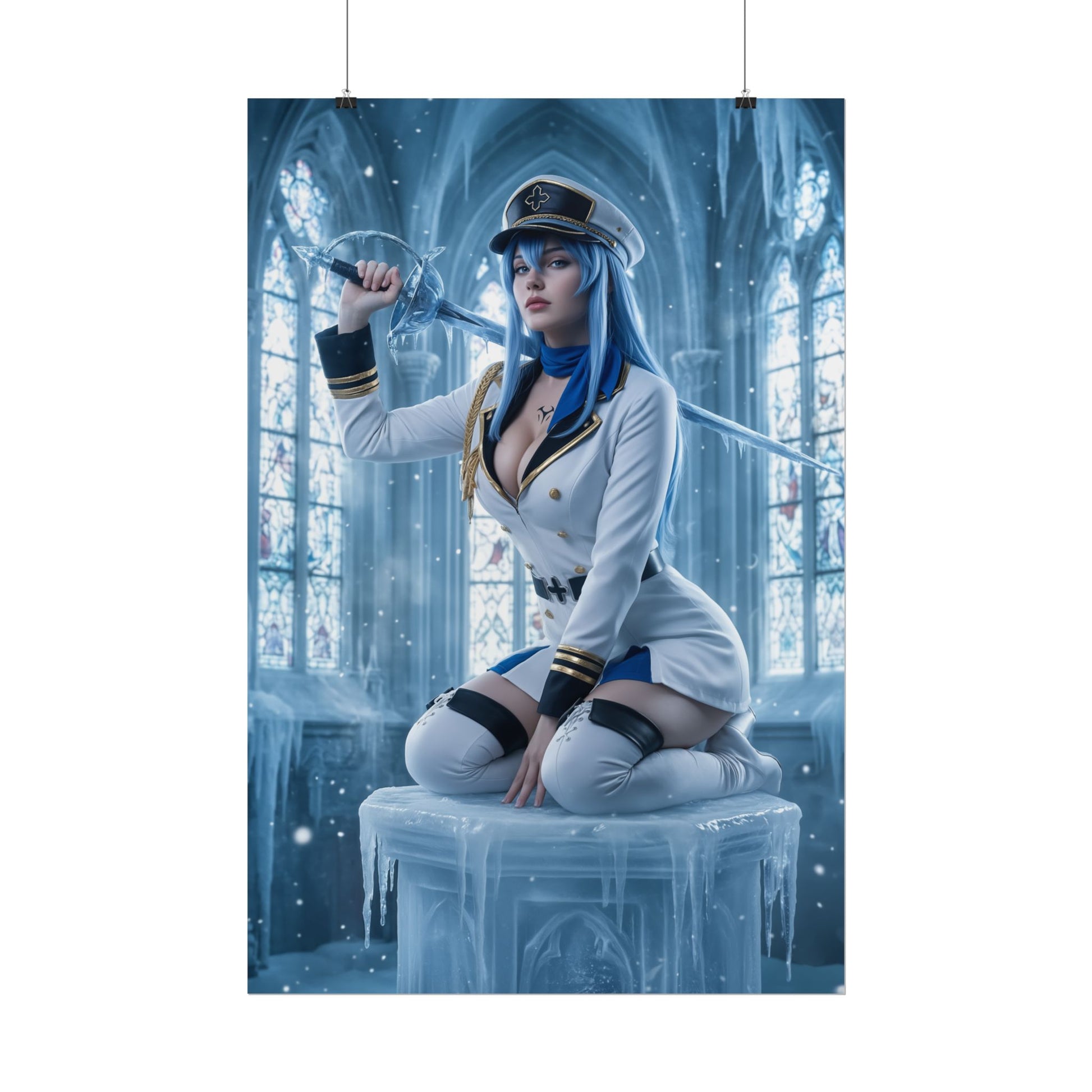 Esdeath Poster, Akame ga Kill Art Print, Iconic Ice General Wall Decor - commanding blue-haired Esdeath cosplay poster for anime room or gaming setup