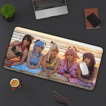 Genshin Impact Girls Gaming Mouse Pad, Anime RPG Desk Mat, Fantasy Heroine Setup featuring five cosplayers on a beach desk mat