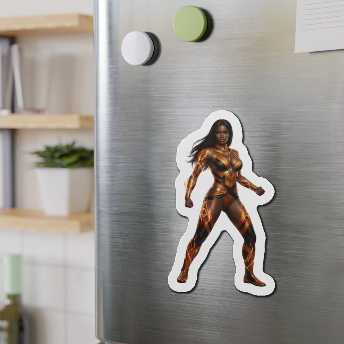 Vixen Magnet – DC Comic Heroine Fridge Magnet, Anime Style Decor premium die-cut vinyl magnet of Vixen on a stainless fridge