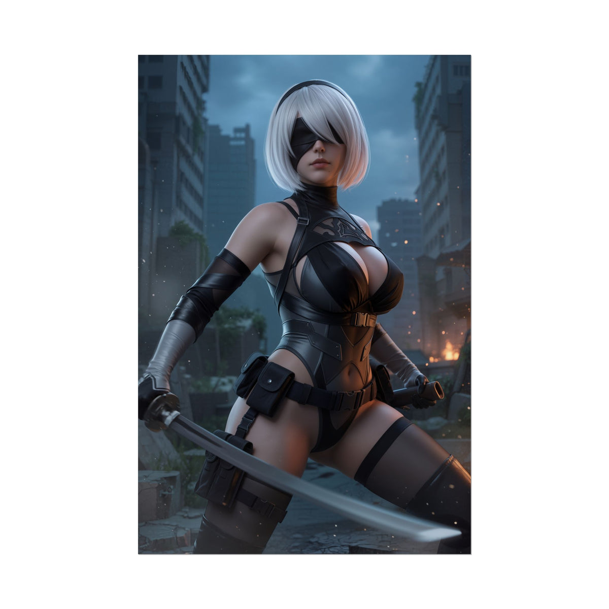 2B Poster, Nier Automata Art Print  Iconic Android Warrior Wall Art, close-up of 2B holding sword in ruined city gamer room poster