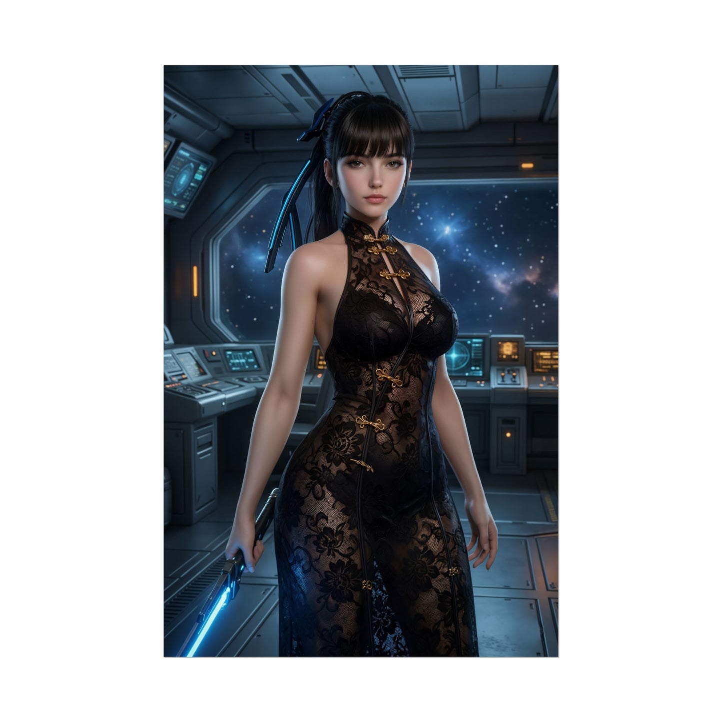 EVE Poster, Stellar Blade Print, Futuristic Combat Hero Art Wall Decor - female combat hero in ornate black armor dress holding glowing blade in sci‑fi ship bridge