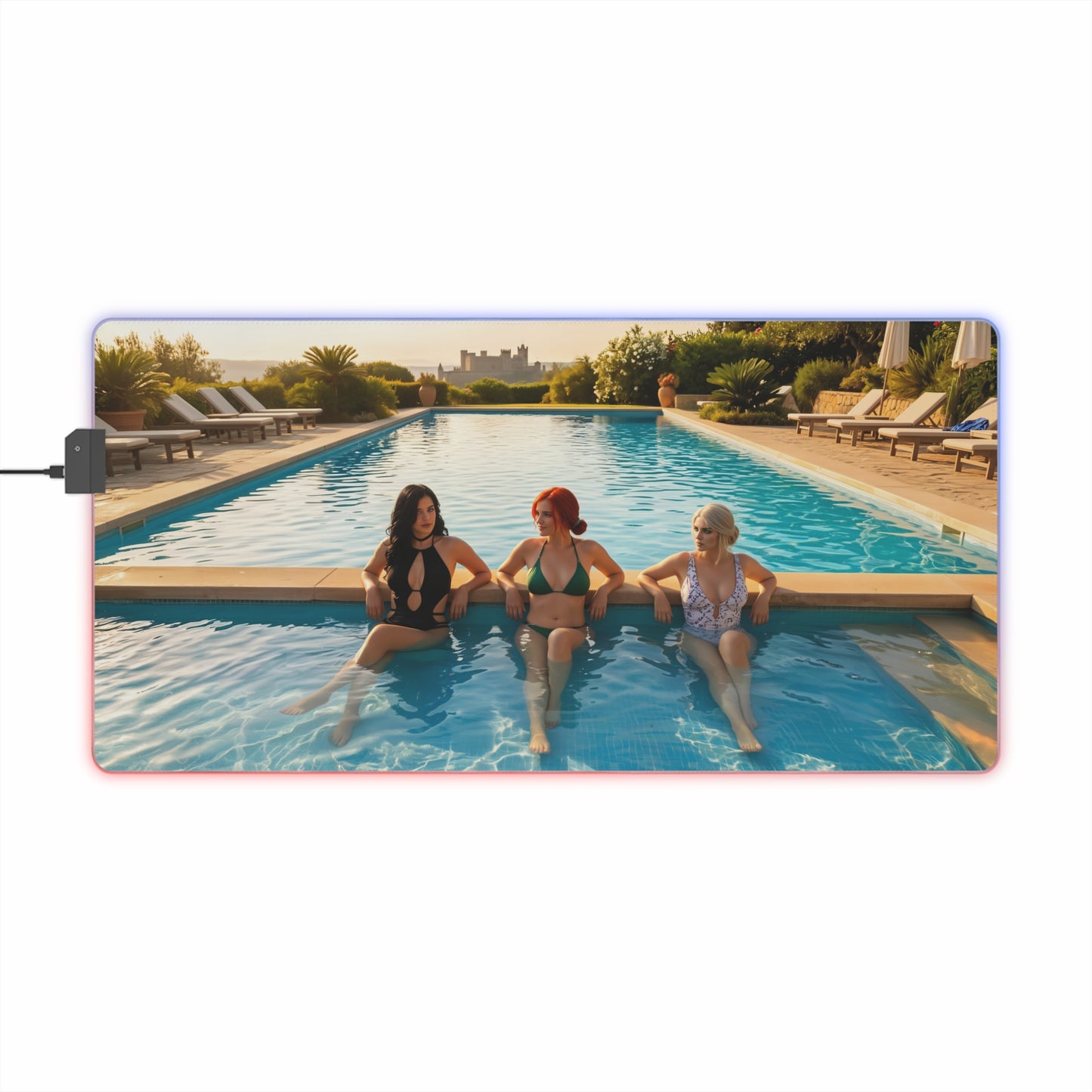 Ciri, Triss Merigold & Yennefer Desk Mat – LED RGB Pad showing trio poolside artwork with glowing RGB border