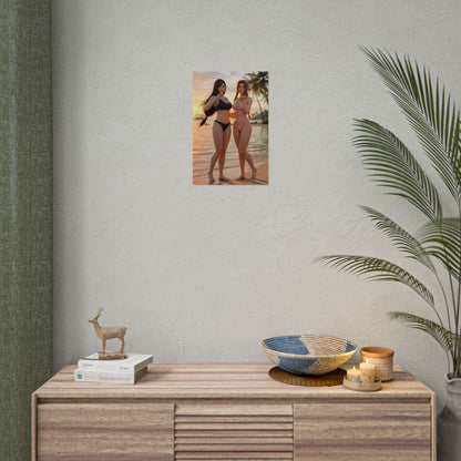 Tifa Aerith Poster, Final Fantasy Art Print – RPG Heroine Gift displayed on a beach-themed wall above a console in a gamer room