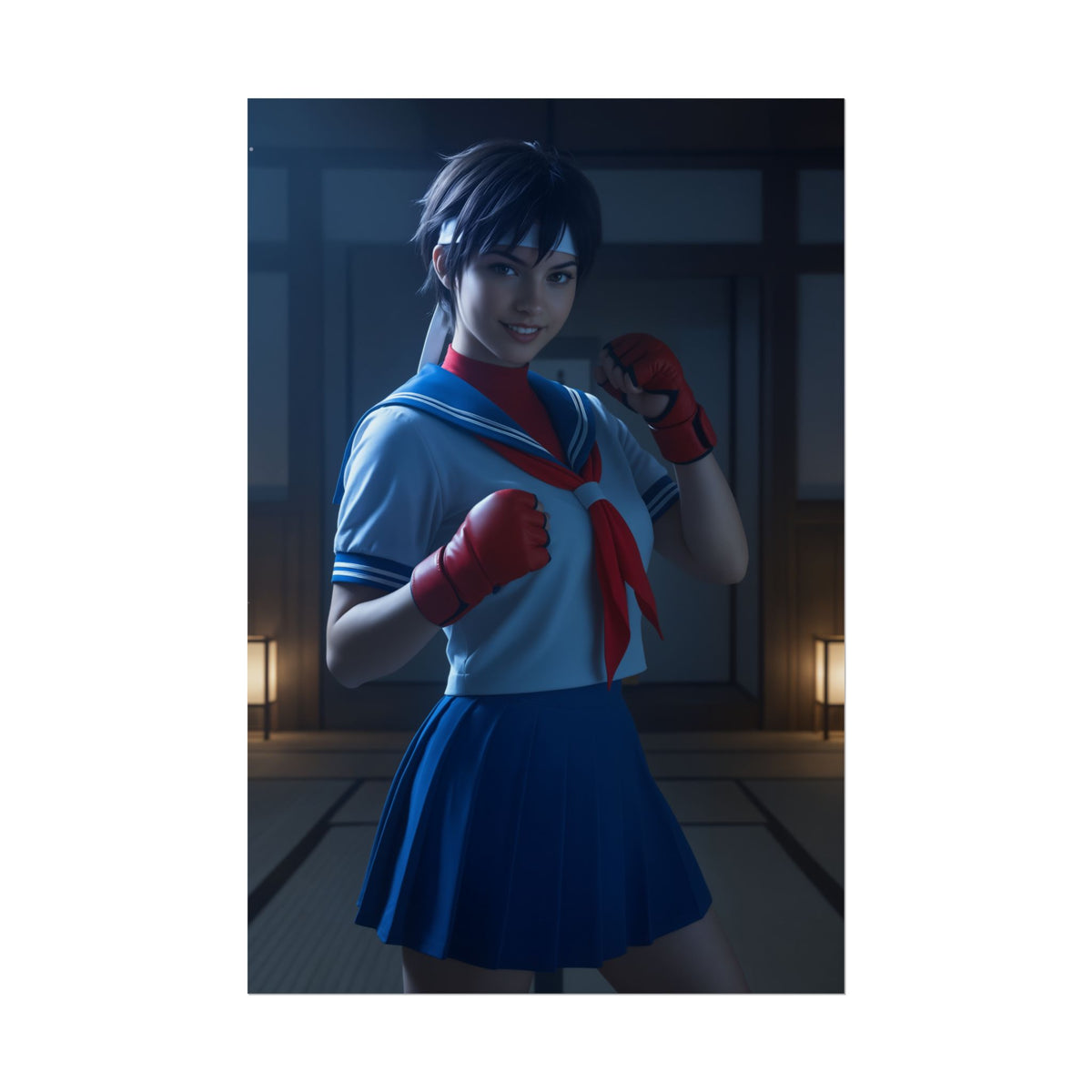 Sakura Kasugano Poster, Street Fighter Art Print  Iconic Fighting Heroine vibrant high-res poster of schoolgirl fighter in blue sailor uniform and red gloves