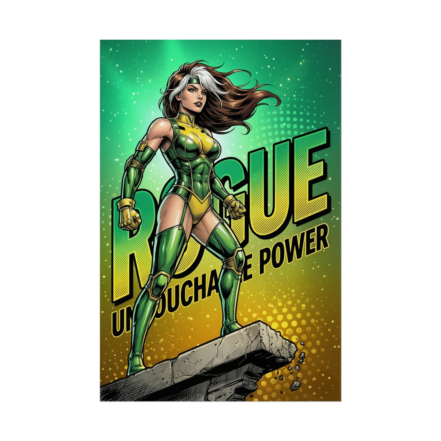 Rogue Poster / Rogue Wall Art / Rogue Art Print / X-Men Poster — powerful Rogue in green costume, dynamic stance on ledge, bold comic-style wall art