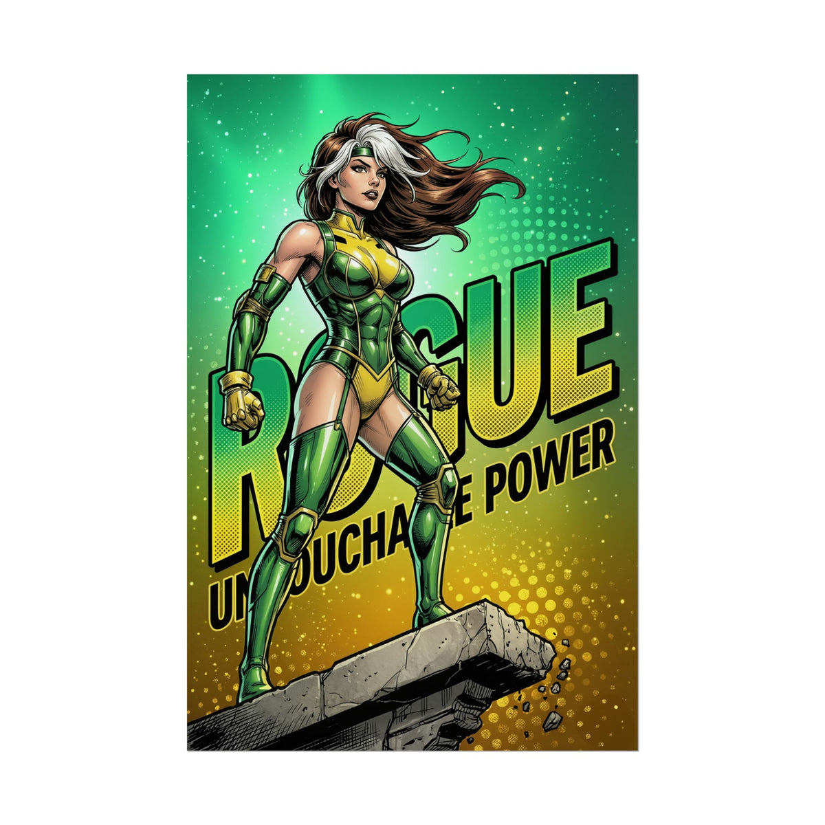 Rogue Poster / Rogue Wall Art / Rogue Art Print / X-Men Poster  powerful Rogue in green costume, dynamic stance on ledge, bold comic-style wall art
