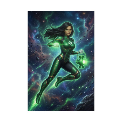 Jessica Cruz Poster, DC Comics Art Print – Superhero Wall Art of Jessica Cruz Green Lantern in glowing power suit holding lantern, gamer room decor