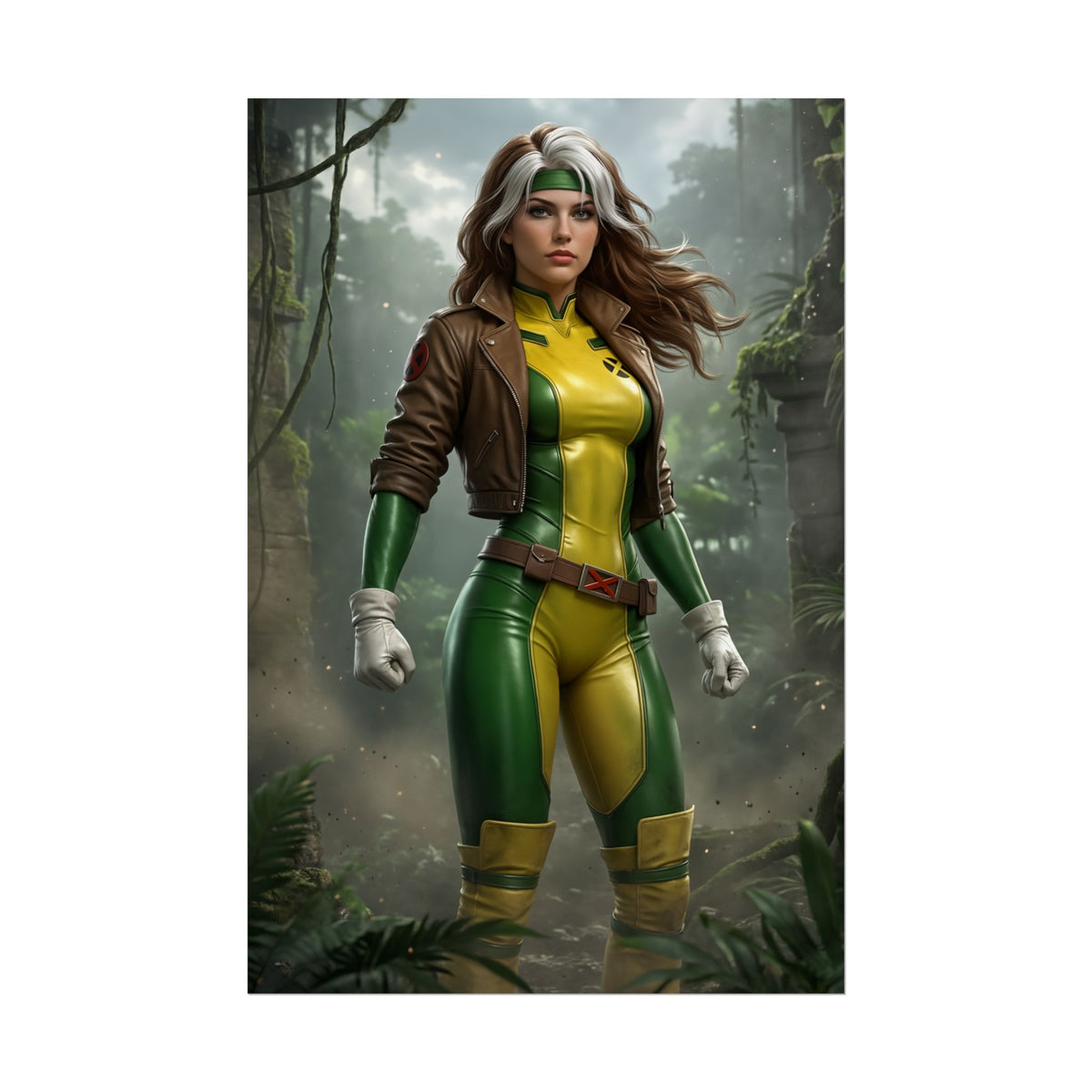 Rogue X-Men Poster  Iconic Mutant Heroine Wall Art for Gamer Decor featuring Rogue in green yellow suit and leather jacket