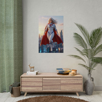 Power Girl Poster, DC Comics Wall Art Print – Heroine Decor showing superheroine poster over modern media room console