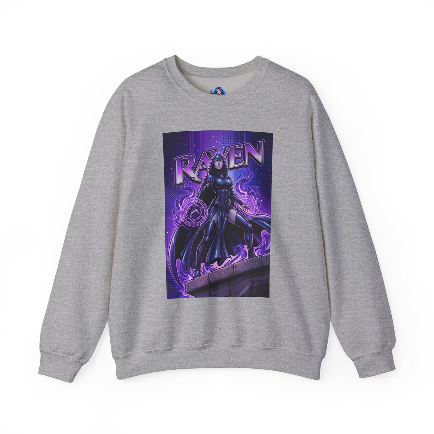 Raven Sweatshirt, DC Comics Art Print Style, Premium Mystic Apparel — gray crewneck featuring Raven artwork with glowing purple arcane symbols
