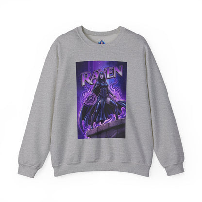 Raven Sweatshirt, DC Comics Art Print Style, Premium Mystic Apparel — gray crewneck featuring Raven artwork with glowing purple arcane symbols