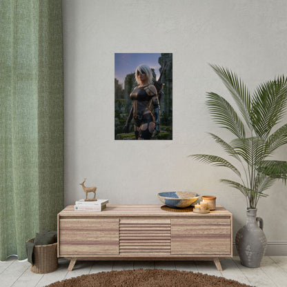 A2 Poster, NieR Automata Art Print – Iconic Android Warrior Wall Art featuring A2 in cinematic sci‑fi gaming room decor