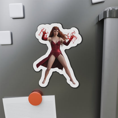 Scarlet Witch Magnet – Marvel Heroine Fridge Magnet, Anime Style Decor - die-cut vinyl fridge magnet showing Scarlet Witch in anime-style pose