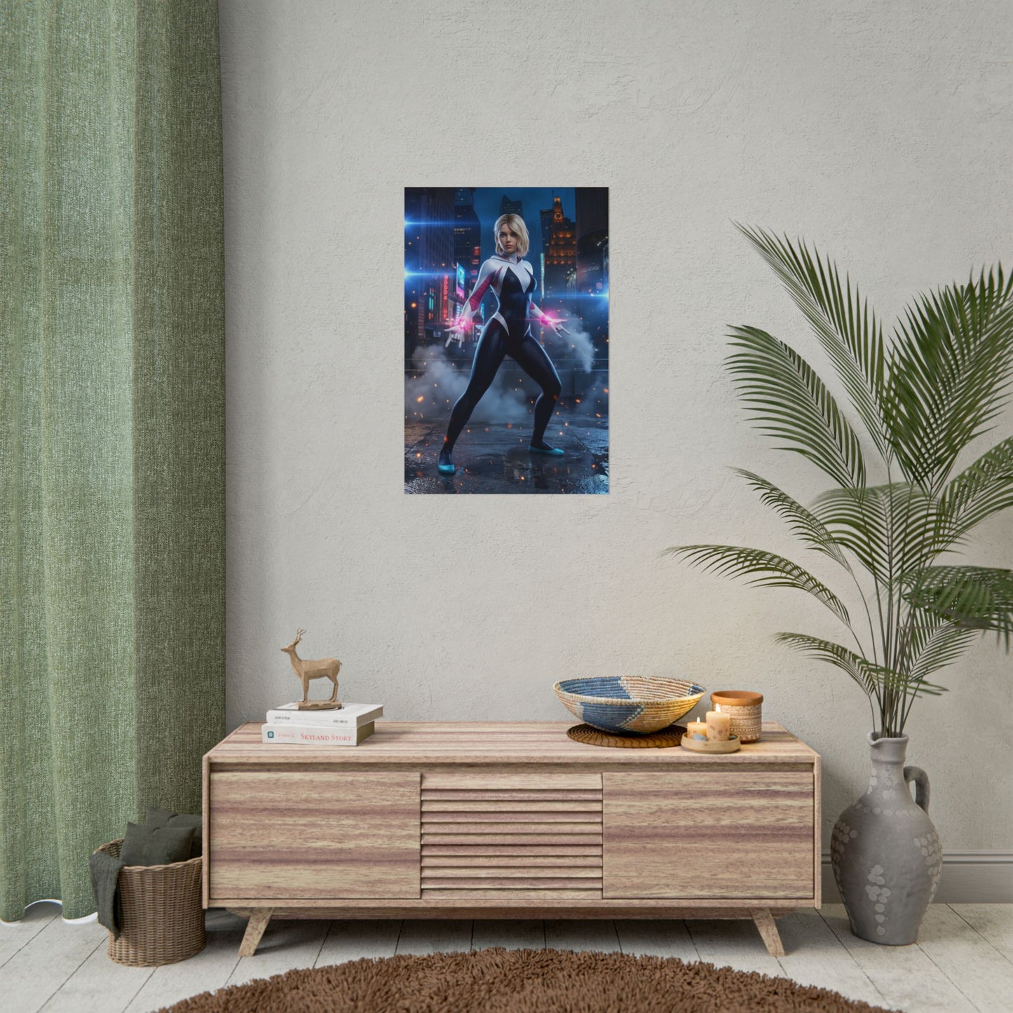 Gwen Stacy Poster, Spider-Man Art Print – Iconic Comic Heroine Wall Art displayed in modern living room above wooden console